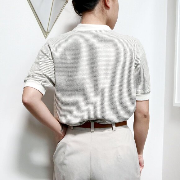 Vintage 80s Cream & Black Striped Short Sleeve Cardigan, Pinstripe Sweater - Picture 3 of 8